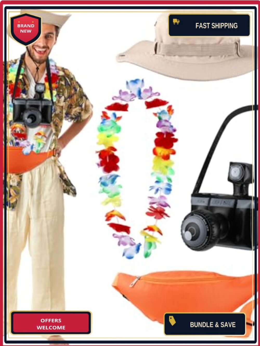Adult Tacky Tourist Costume Set Halloween Traveler PVC Camera Hat Bag Garland